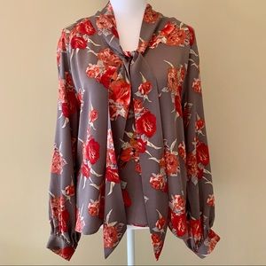 Tucker floral long sleeve satin silky blouse with neck tie